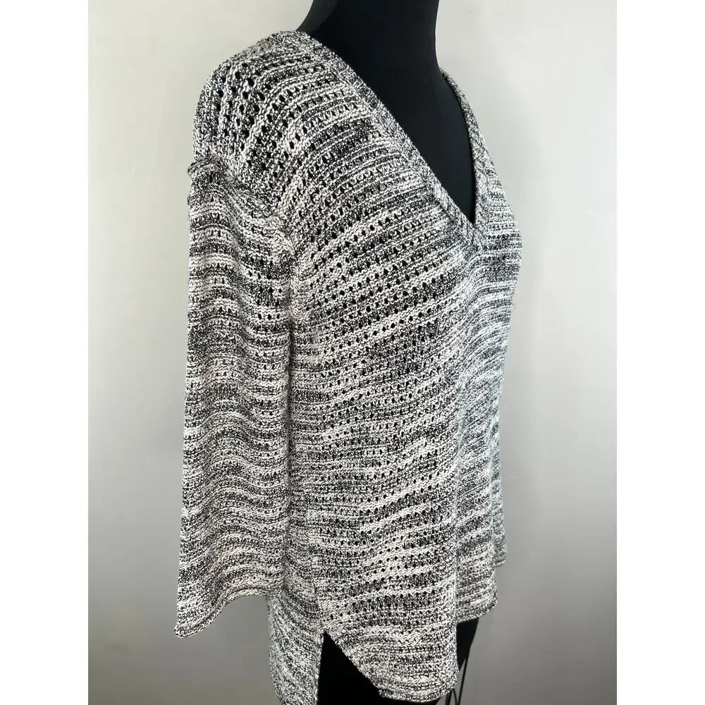 Michael Stars 3/4 Sleeve V-Neck Hi-Low Cotton Knit Sweater Gray White XS S